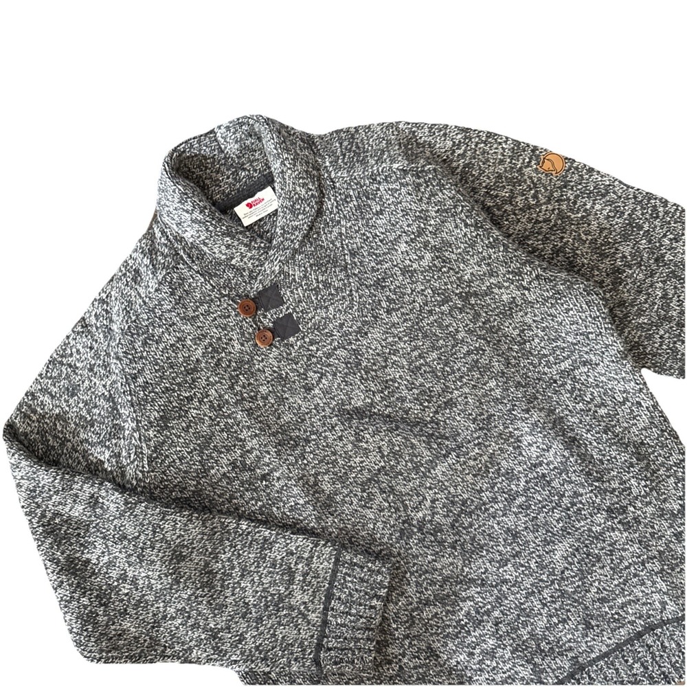 Fjallraven Lada Sweater Men XL Gray Marled Wool Shawl Collar 3 Button Knit